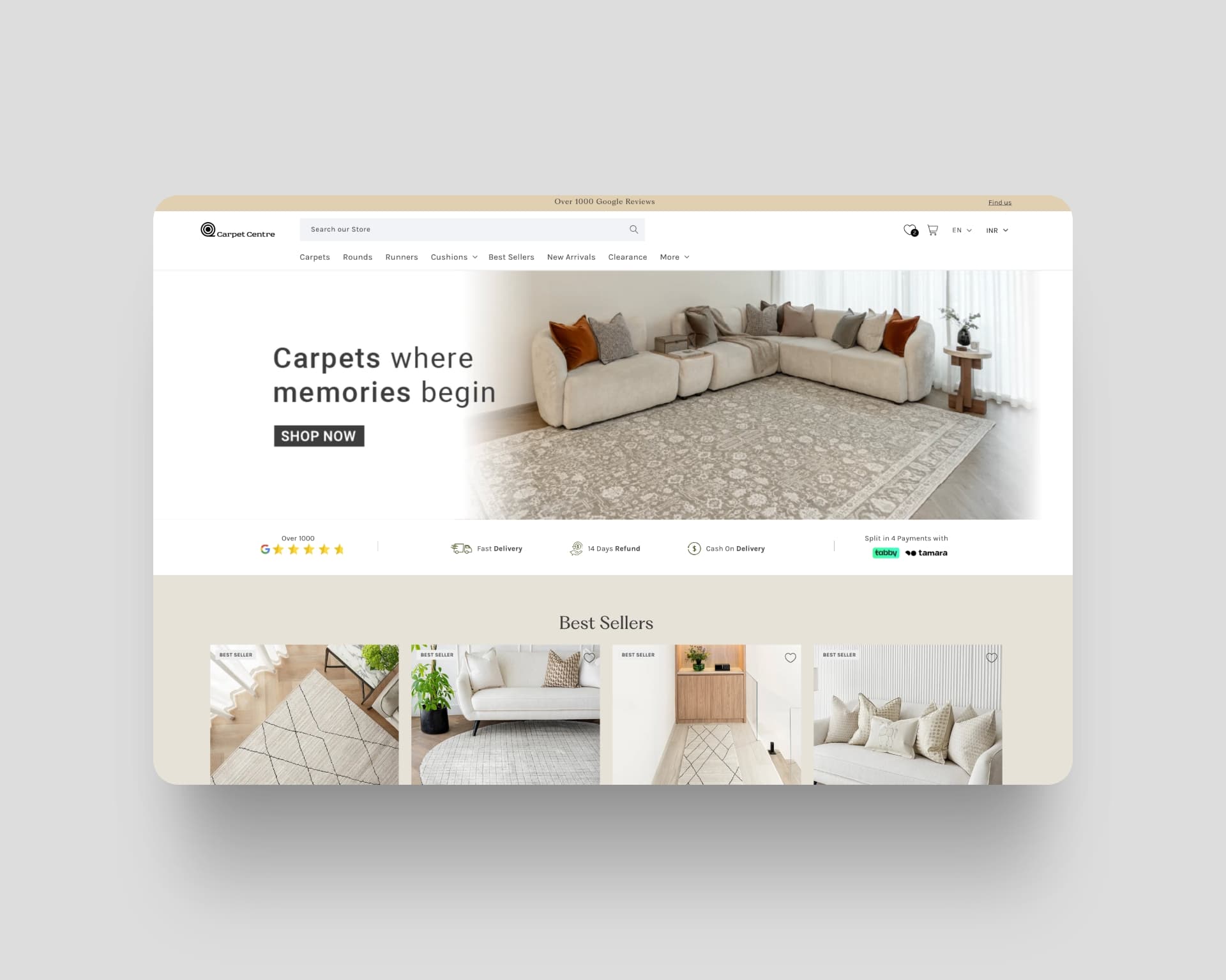 Carpet Centre homepage featuring a cozy living room with a stylish carpet, navigation menu, and best sellers section