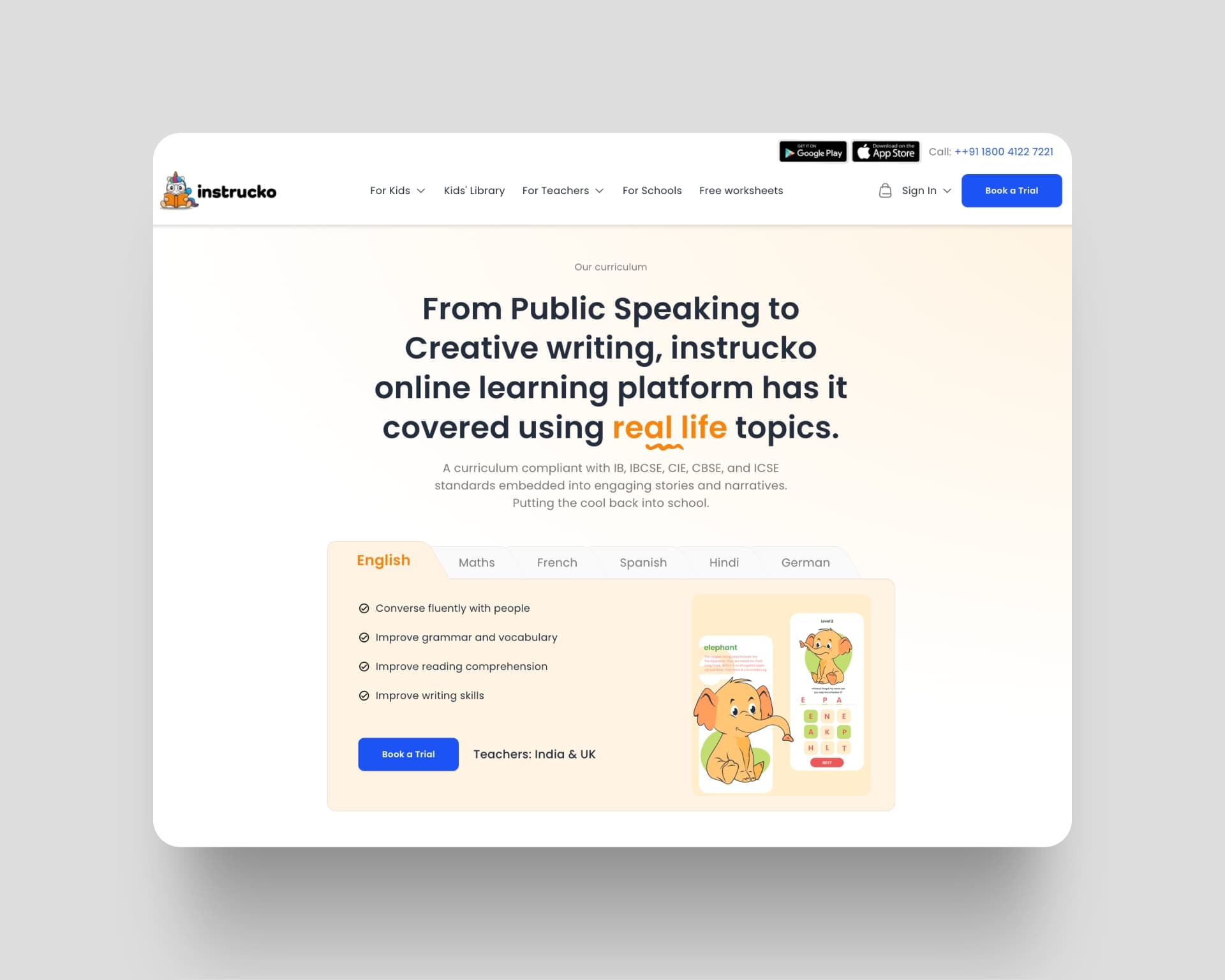 Instrucko learning platform homepage showing their curriculum from public speaking to creative writing with engaging illustrations for children