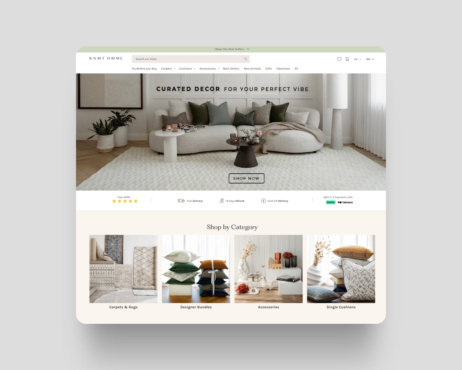 Knot Home e-commerce website showcasing their luxury home decor products with a modern living room featuring neutral tones and stylish furniture