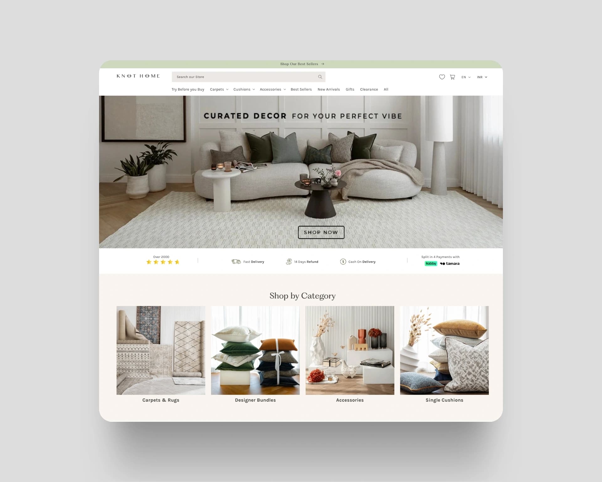 Knot Home e-commerce website showcasing their luxury home decor products with a modern living room featuring neutral tones and stylish furniture