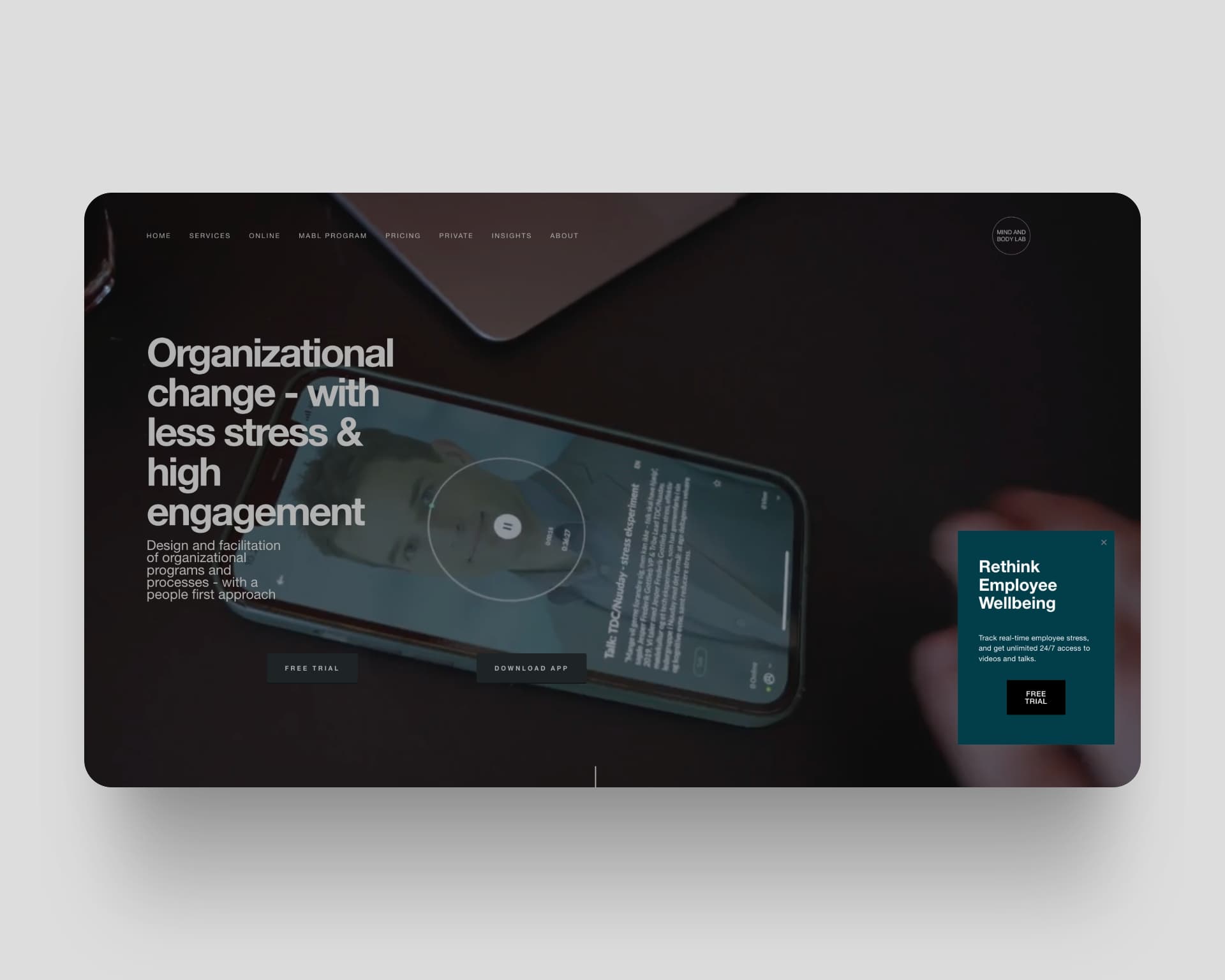 Mind & Body Lab homepage showing their wellness and mindfulness app with a serene design and user-friendly interface