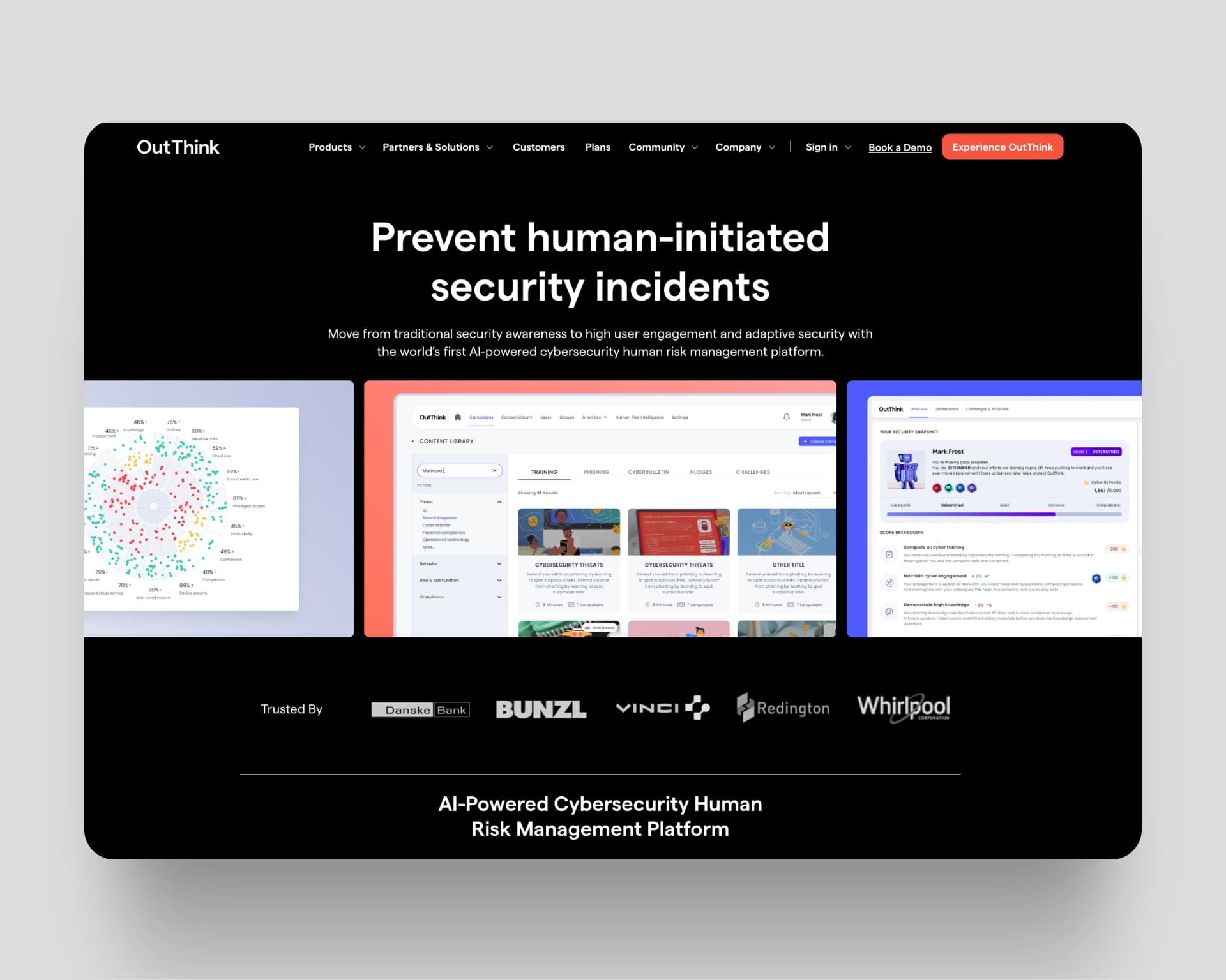 OutThink platform showing a modern interface for cybersecurity awareness training with engaging content and user-friendly navigation