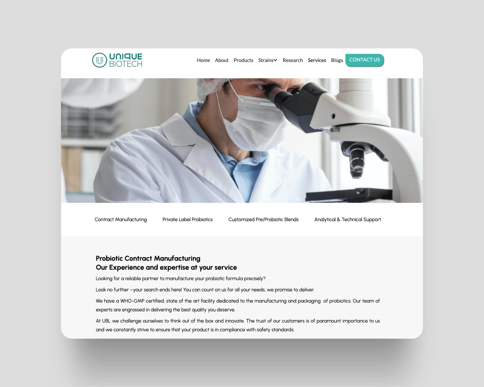 Unique Biotech research scientist using microscope and services showcase with a modern design