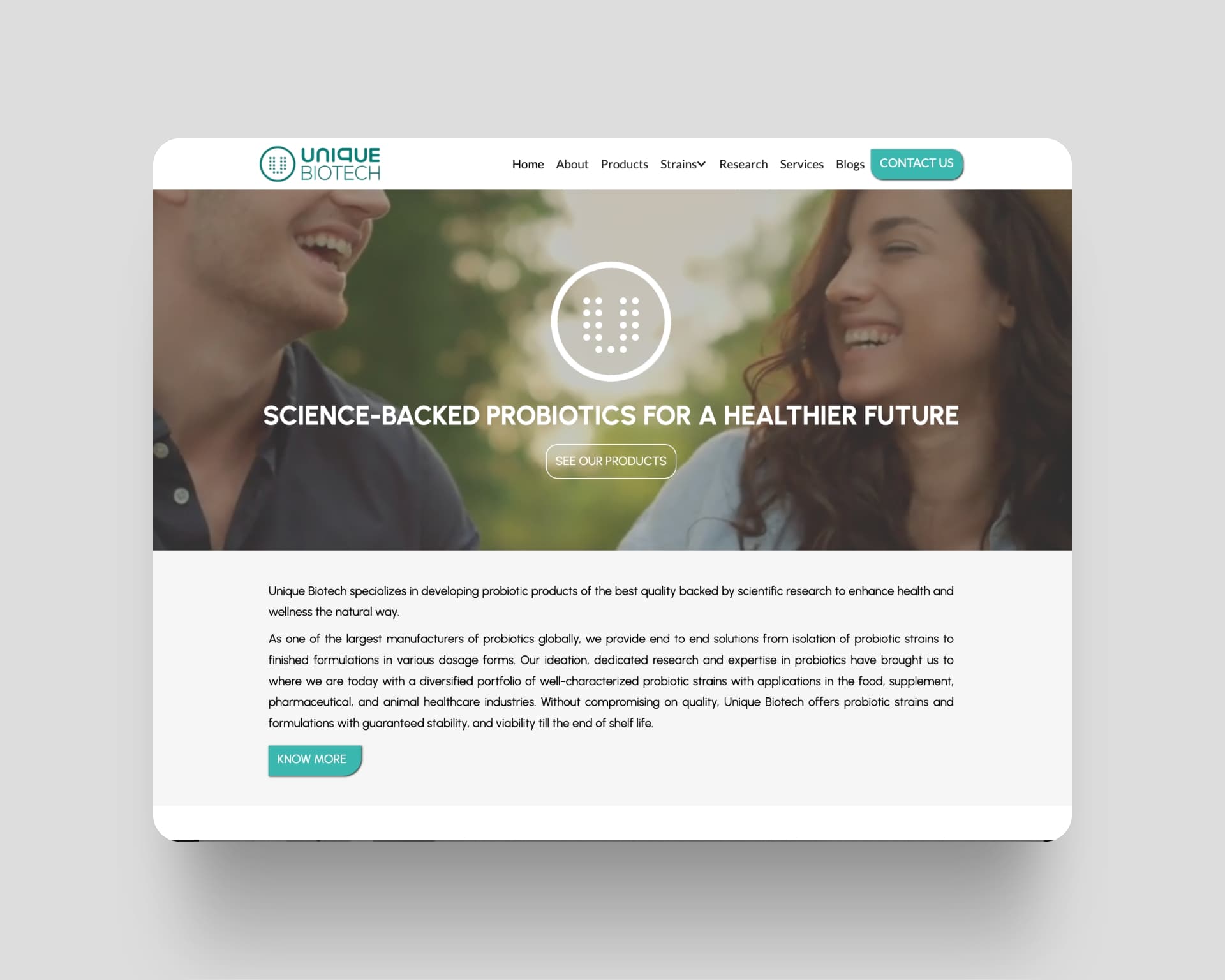 Unique Biotech homepage showing their science-backed probiotics for a healthier future with a clean and professional design