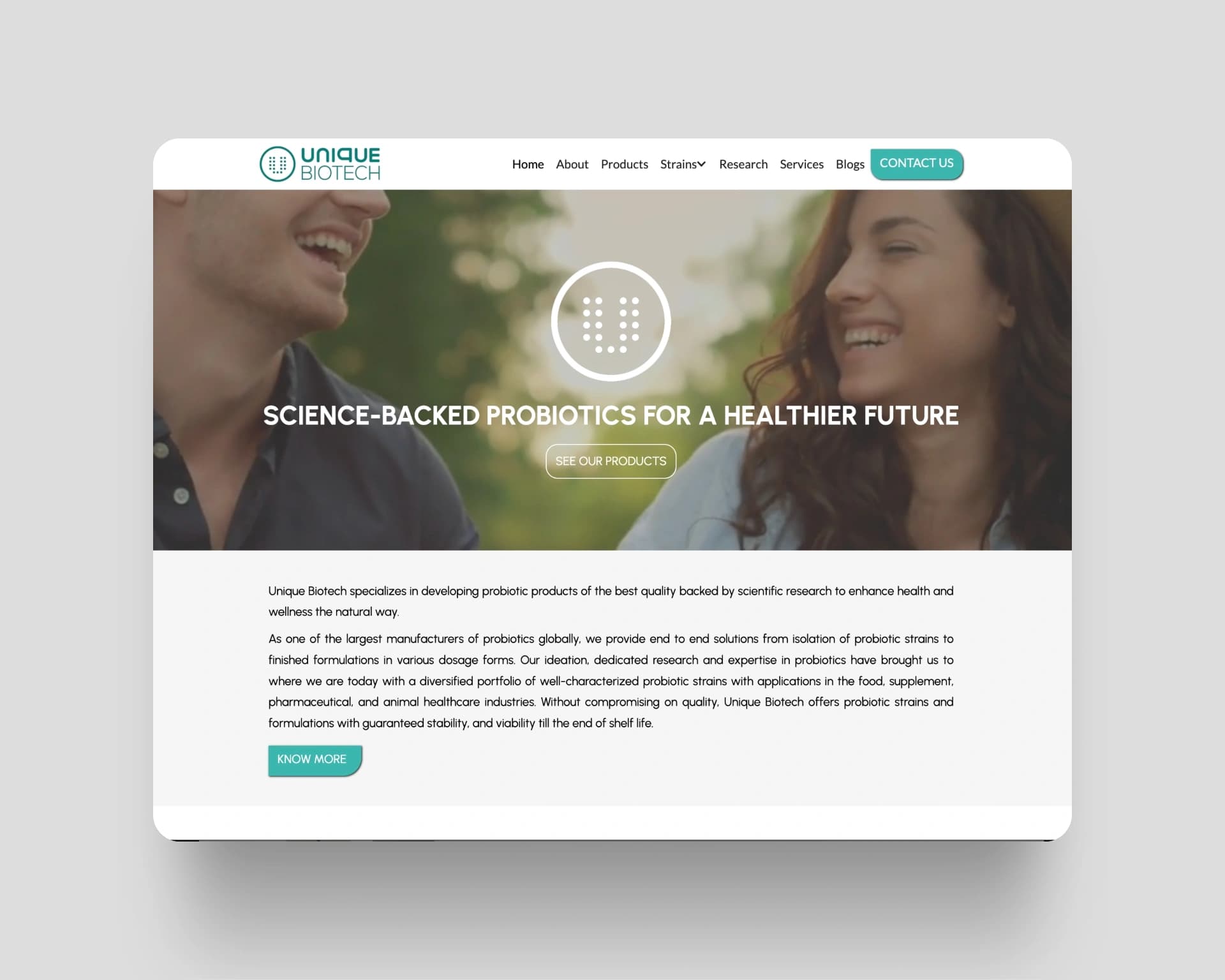 Unique Biotech homepage showing their science-backed probiotics for a healthier future with a clean and professional design